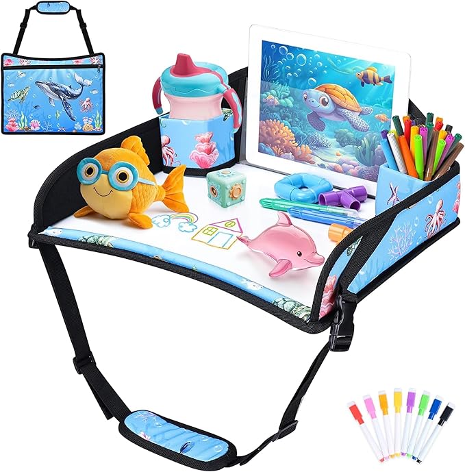 Kids Travel Tray for Toddler Carseat, Road Trip Activities Essentials for Toddler, Kids Lap Desk Tray with Tablet Holder Stand ï¼?Dry Erase Board (Whale)