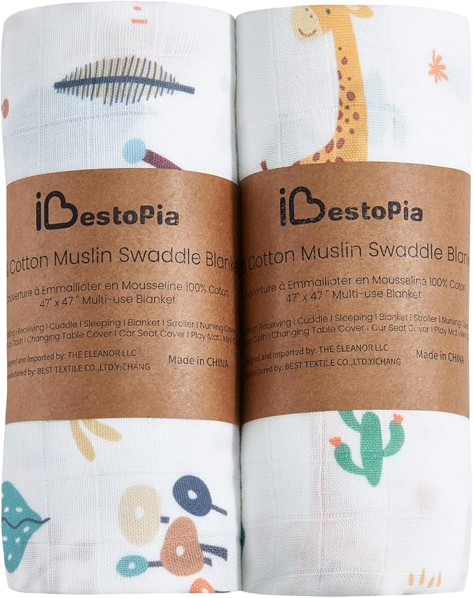 2-Pack Muslin Swaddle Blankets 47x47-100% Cotton Breathable Receiving Blankets for Newborn Baby, Soft Swaddling Wraps, Cozy Forest Duo