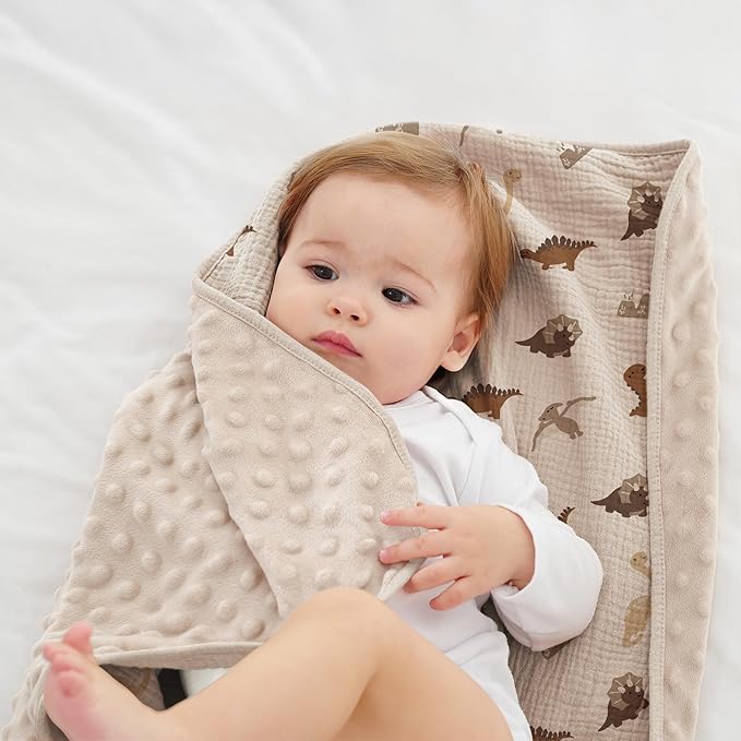 Susurration Baby Blanket for Unisex Boys Girls, 2 Pack Soft Fluffy Crib Blankets with Muslin Cotton Front and Dotted Fleece Back, Receiving Blanket for Baby Newborn Infant, 30x40inch, Dinosaur&Cream