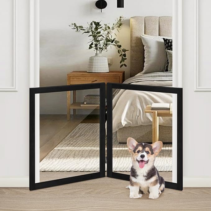 LZRS Clear Dog Gate for Indoor Use - Transparent Pet Fence with Solid Hardwood and Plastic Board, Stylish & Durable freestanding Pet Gate for Doorways, Stairs and Hallways-2 Panel Black