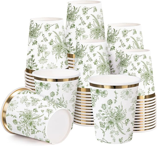 WRAPAHOLIC 50 Pcs Floral Paper Cups - 9 oz Green Toile Flower Disposable Cup, Coffee Cup, Hot/Cold Beverage Drinking Cups for Water Juice, Perfect for Baby Shower and Birthday Party Supplies