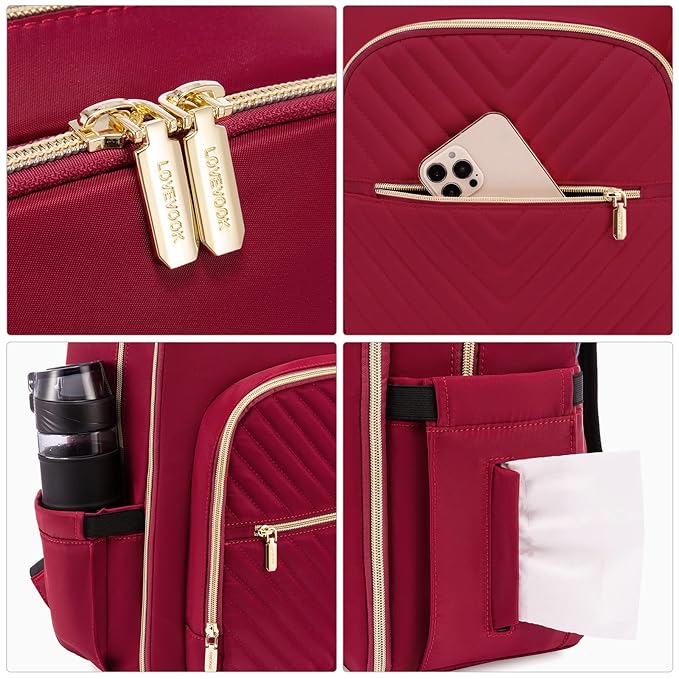 LOVEVOOK Diaper Bag Backpack, Quilted Baby Bag with Changing Pad & Pacifier Holder, Waterproof Travel Diaper Bags for Baby Boys Girls, Stylish and Large Capacity,Wine Red