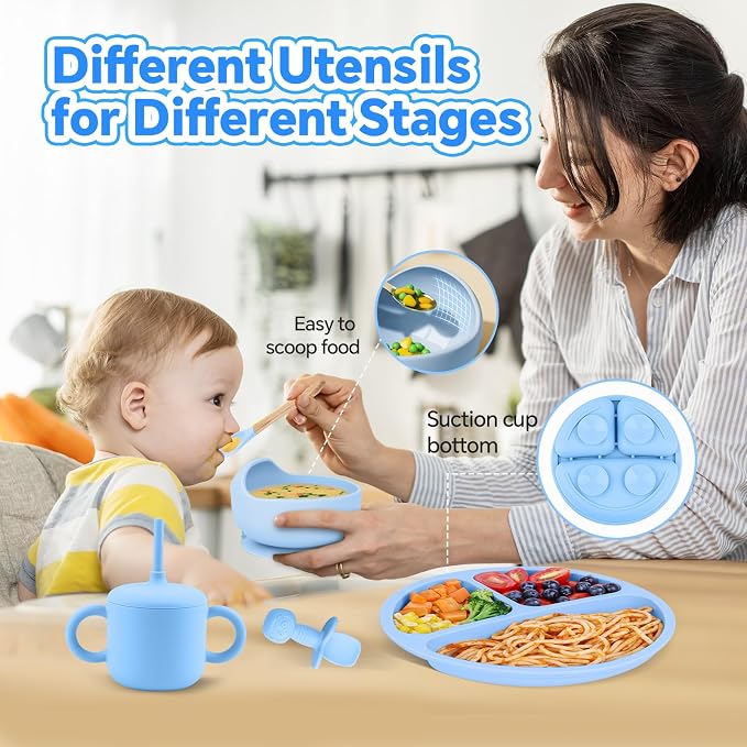 Silicone Baby Feeding Set, BPA Free Baby Feeding Essentials, Baby Suction Bowl, Plates, Bib, Sippy Cup, Spoons set, Baby Led Weaning Supplies to Develop Self-feeding Skills (Blue, With Lid)