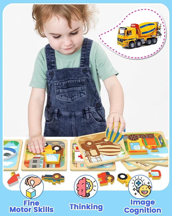 Benresive Wooden Toddler Puzzles for Boys Girls Age 1 2 3, 8 Pack Montessori Vehicle Toys, Educational Preschool Learning Toys, Great Birthday Gifts for Toddlers