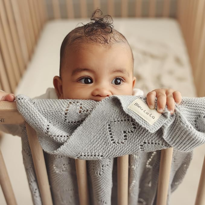 Heirloom Knit Heart Receiving Unisex Blanket for Boys and Girls - 100% Luxury Cotton Baby Blanket - Soft Warm Swaddle Receiving Blanket for Newborns Infants & Toddlers (Dove Grey)