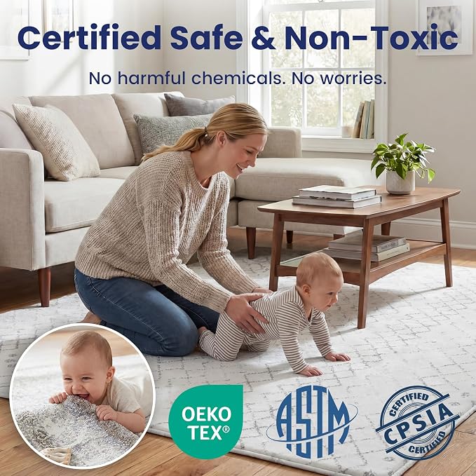 Huloo Sleep Baby Play Mat for Floor - 79x59 Inches 1.3" Thick Elasti-Foam Playpen Mat for Toddlers Infant Kids, Water-Repellent Nursery Rug, Non-Slip Backing for Crawling & Tummy Time, Grey Diamond