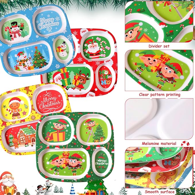 Jinei 4 Set Christmas Divided Dinnerware Set with Fork and Spoon Santa Gingerbread Man Xmas Dinner Plate Snowman Melamine Dinnerware Divided Plates Christmas Baby Feeding Dishes Dishwasher Safe