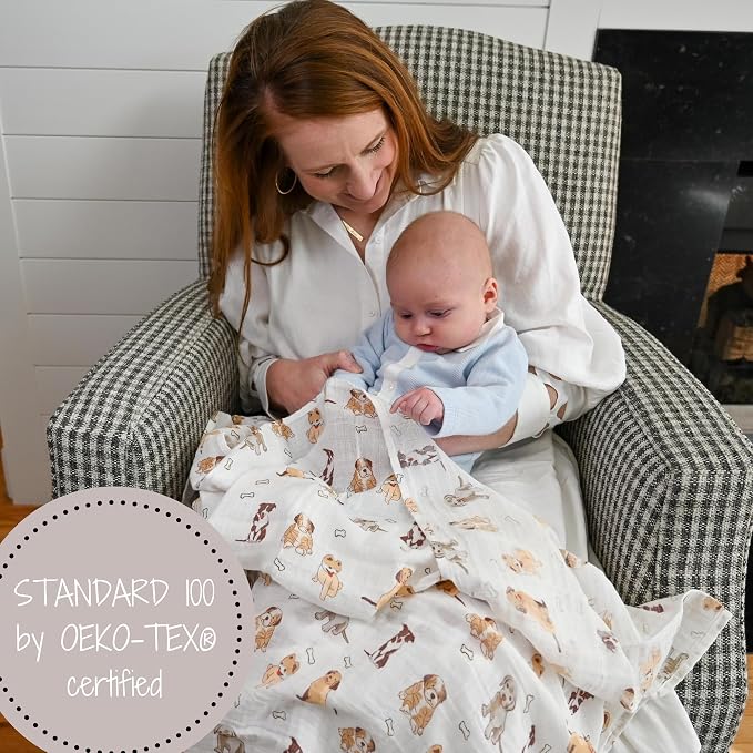 LollyBanks 100% Cotton Baby Blankets 2 Pack, Gentle and Soft Muslin Swaddle Blanket for Girls, Lightweight 47 x 47 Inches Newborn Receiving Blanket, Newborn Essentials Must Haves (Puppies and Tan)