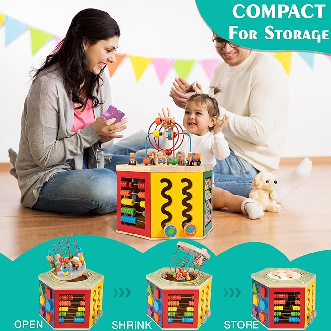 Large Activity Cube, 9-in-1 Farm-Themed Wooden Play Center, Multipurpose Montessori Toy for 1-2 Year Old Baby Toddler Kid, First Birthday Gift | Bonus Magnetic Train Cars
