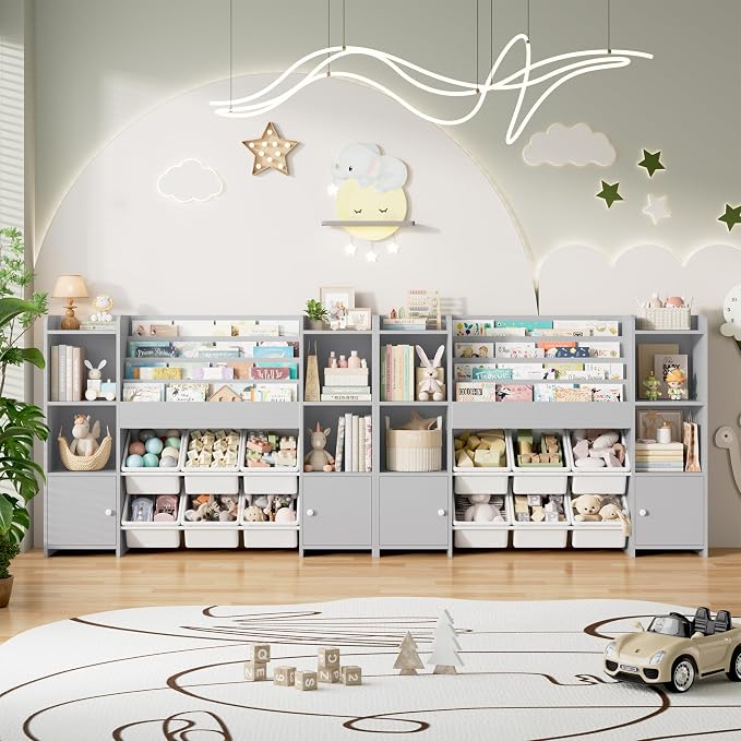 FINETONES Toy Storage Organizer with 6 Toy Bins, Toy Organizer Kids Bookshelf with 6 Cubbies, Toy Organizers and Storage Bins, Playroom Storage and Toy Chest, Grey