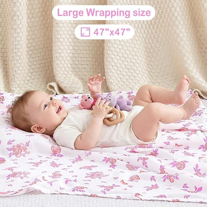 Viviland Muslin Swaddle Blanket, Baby Swaddle Blanket for Boys & Girls, Nursery Receiving Blanket for Newborn, Baby Swaddle Wrap Soft Silky & Breathable, 4 Packs, 47 X 47In, Purple Rose