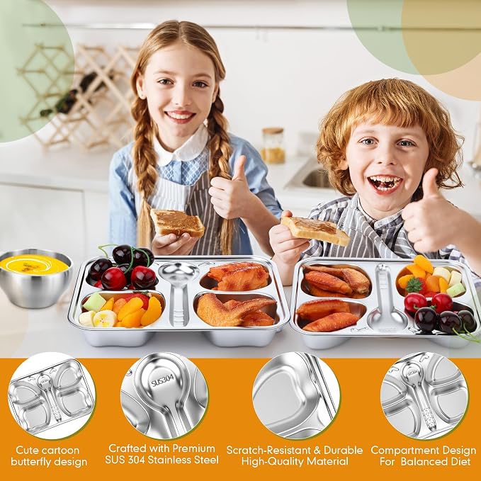 Jinei 20 Pieces Kids Stainless Steel Utensils Set Include 4 Butterfly Shaped Plates, 4 Bowls, 4 Cups, 4 Spoons, and 4 Forks, Stainless Steel Dinnerware Set for Toddler Utensils Silverware