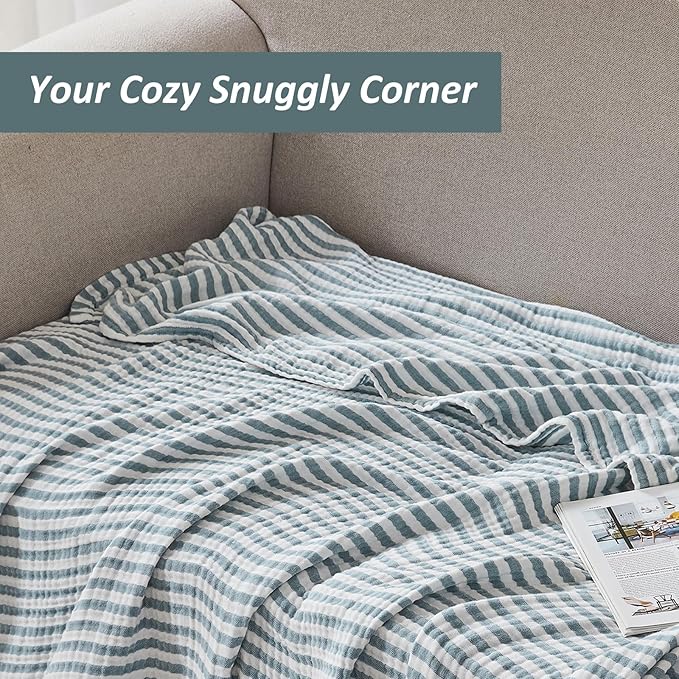 EMME Cotton Muslin King Blanket Bed Layering Bedspread Coverlet Breathable Gauze Soft Lightweight (Striped Teal, 108"x90")