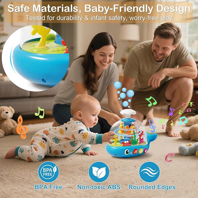 Whale Sensory Spinner Toy for Baby: Light Up Rotating Play with Music ??Safe ABS Early Learning Educational Toys for 6 Months+ ??Christmas Birthday Gift for Boys and Girls