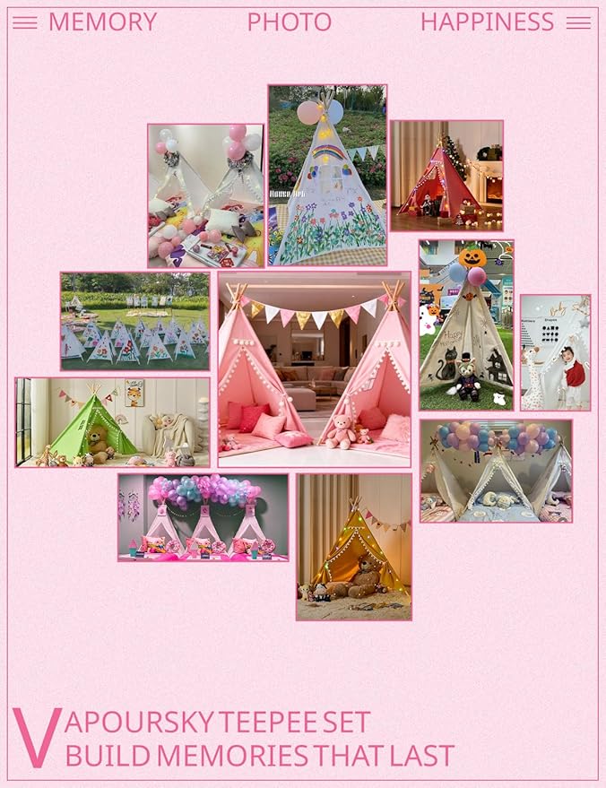 2 Pack Teepee Tent for Kids, Children Play Tents for Girls & Boys Slumber Party, Cotton Canvas Playhouse Sleepover Tent with Pompom & Lights
