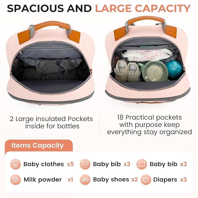 Diaper Bag Backpack, Large Baby Nappy Bags with Portable Changing Pad for Boys and GirlsMultifunction Travel Baby Bag for Moms Dads, Shower Gifts Waterproof and Stylish，Pink