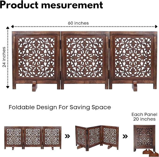 Free Standing Dog Gate – 3 Panel Foldable Wooden Pet Gate Indoor, 60" W x 24" H, Decorative Hand-Carved Wood & MDF Pet Fence for Doorways,Stairs, Portable Indoor Dog Barrier,Natural Burnt Daisy Design