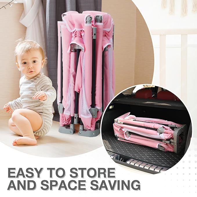 Foldable Baby Playpen,PlayPens for Babies and Toddlers，Indoor Outdoor Safety Play Area, Portable Child Activity Large Collapsible Play Yard，Folding Fence (Cationic Fabric-Pink, 59"x71")