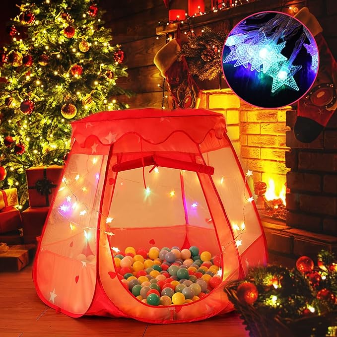 Pop Up Princess Tent with Colorful Star Lights for 1 2 3 Year Old Birthday Gift, 12-18 Months Baby Girl Toys, Foldable Ball Pit with Carrying Bag, Indoor&Outdoor Play Tent for Kids