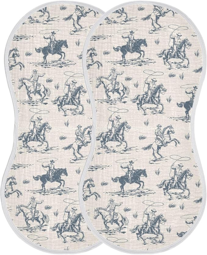 Muslin Burp Cloths for Baby Boys and Girls - 2-Pack Ultra Absorbent Western Cowboy Muslin Washcloths, Newborn Towel, Milk Spit Up Rags, Burp Cloth Bibs for Unisex, 22 x 11 Inch