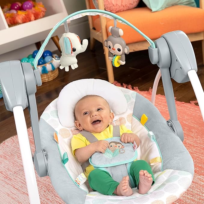 Bright Starts Portable Automatic 6-Speed Baby Swing with Adaptable Speed, Taggies, Music, Removable-Toy-Bar, 0-9 Months 6-20 lbs (Whimsical Wild)