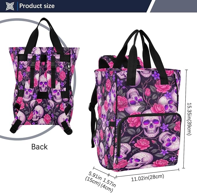 Neon Purple Skull Diaper Bag – Stroller Straps, Unisex Gift for Mom Dad