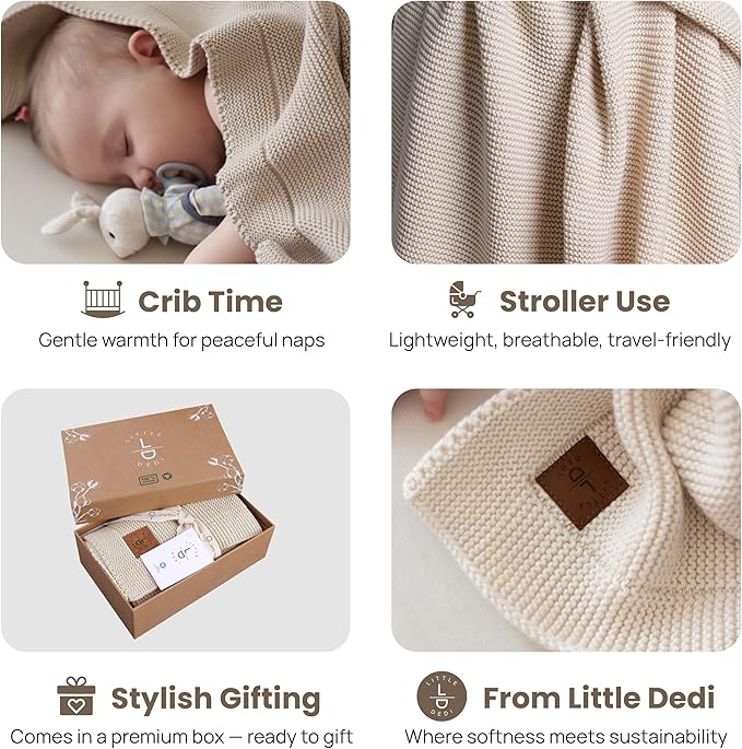 100% Organic Cotton Baby Knitted Blanket with Gift Box - Soft Toddler, Crib, Stroller Blanket - Neutral Swaddle and Receiving Blanket for Newborns, 30"x40", Stone
