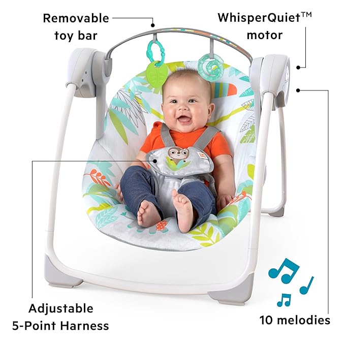 Bright Starts Portable Automatic 6-Speed Baby Swing with Removable -Toy Bar, 0-9 Months 6-20 lbs (Rainforest Vibes)
