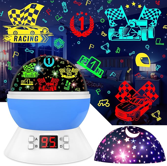 MOKOQI Cars Night Light for Boys - Rotating Projector Lamp with Race Car - Star Projector for Kids Age 3-8 - Ceiling Nightlight Projector with Cars and Stars - Birthday Gifts for Boys Room Decor