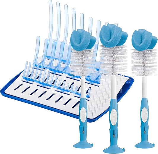 Dr. Brown's Baby Bottle Cleaning Brush with Sponge and Scrubber - Blue - 3pk and Universal Baby Bottle and Accessory Drying Rack