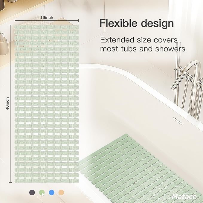 Bathtub Mat Non Slip - for Inside Bath Tub & Shower, Large 40x16 Inch, 261 Strong Suction Cups, Soft Textured Surface, Fast Drain & Quick Dry, Bathroom Safety Mat, Sage Green, Matace
