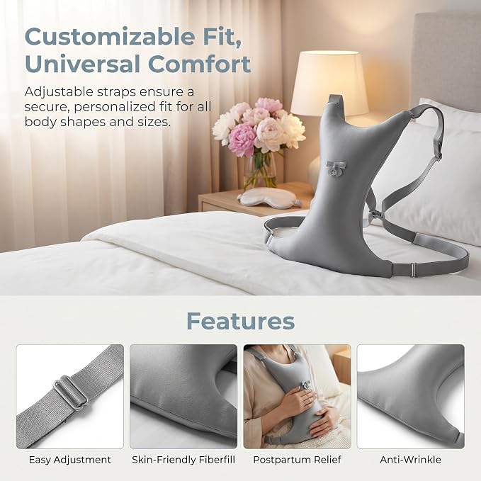 Vaveren Breast Pillow Chest Wrinkle Pillow for Side Sleepers, Anti-Wrinkle Chest Support, Adjustable Strap, Breathable Fabric