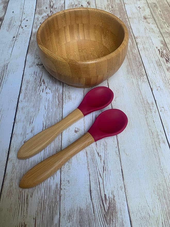 Babynow Bamboo Baby Spoons Self-Feeding Supplies for 6+ Months Babies & Toddlers in Bamboo & Soft Tip Designs BURGUNDY Pack of 2