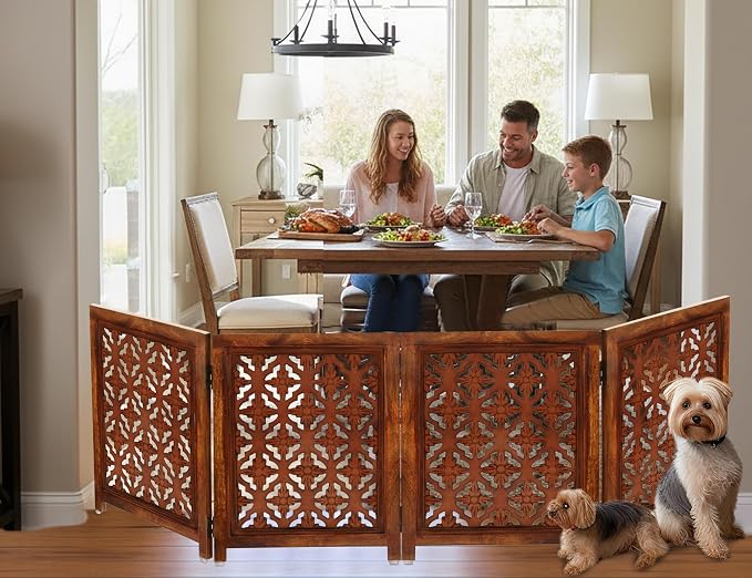 Croft&Cane Wooden Foldable Pet Dog Gate – Hand Carved 4-Panel Freestanding Dog Fence - 80W x 24H - Solid Wood & MDF Indoor Safety Barrier - Doorway Hallway & Stairs Portable Puppy Gate - Warm Walnut