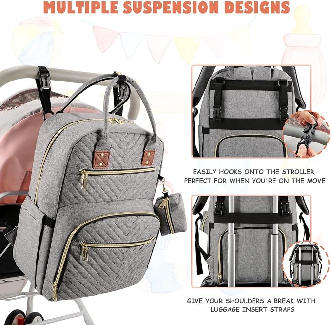 AngLink Baby Diaper Bag Backpack - Newborn Diapers Bags with Changing Pad & Pacifier Case for Boy Girl, Large Capacity Travel Essentials Bebes Backpack Baby Registry Search Gift for Mom Dad丨Gray