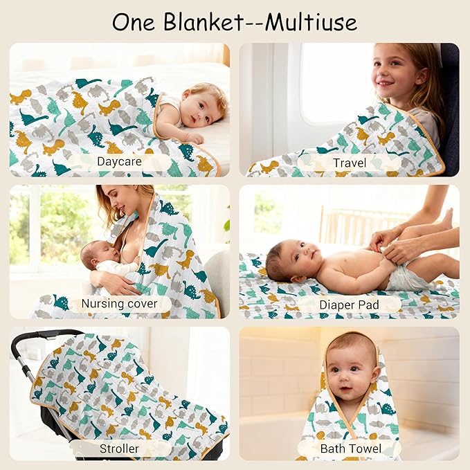 ZPECC Muslin Baby Blanket Thicker, 30x40 Organic Cotton Newborn Receiving Quilt Hypoallergenic for Baby Essentials Swaddle Crib Stroller, Dinosaur