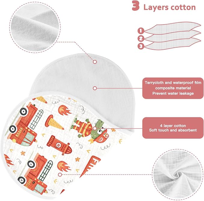 Burbuja Cute Firetrucks Muslin Baby Burp Cloths, Soft & Absorbent Cotton Burping Rags for Newborn Boys & Girls, 2 Pack