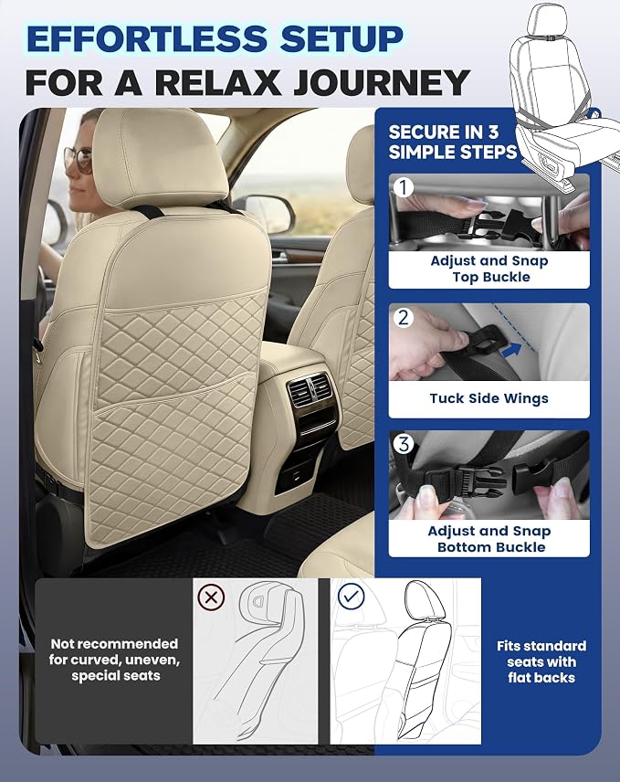 Seat Back Protectors for Kids, Car Kick Mats for Back of Front Seats with Large Pocket Organizer, Waterproof, Protects Against Dirt, Scuffs & Scratches, Fits Most Vehicles, 2PCS (Beige)