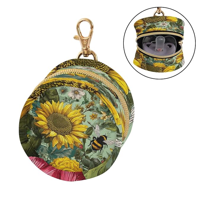 Pacifier Holder with Clip Pacifier Case for Diaper Bag Round Baby Pacifier Pouch Box Bag Portable Bees Sunflowers Leaves Green