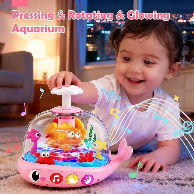 Toys for 1 Year Old Girl Gifts - Press & Spin Aquarium Light Up Musical Baby Toys 6-12 Months - Tuumy Time Toy for Infant 6-9-12-18 Months - Bilingual Learning Educational Toy for 1-3 Year Old Boys