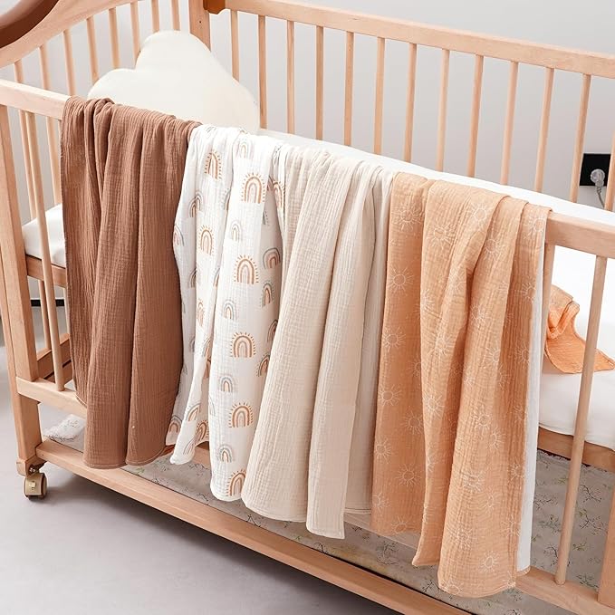 Happy Flute 4Set Muslin Swaddle Blankets??œUltra Soft Baby Blanket for Newborns,Receiving Blankets for Baby Girls & Boys??œBaby Essentials 0-3 Years,40x40inches (Sun)