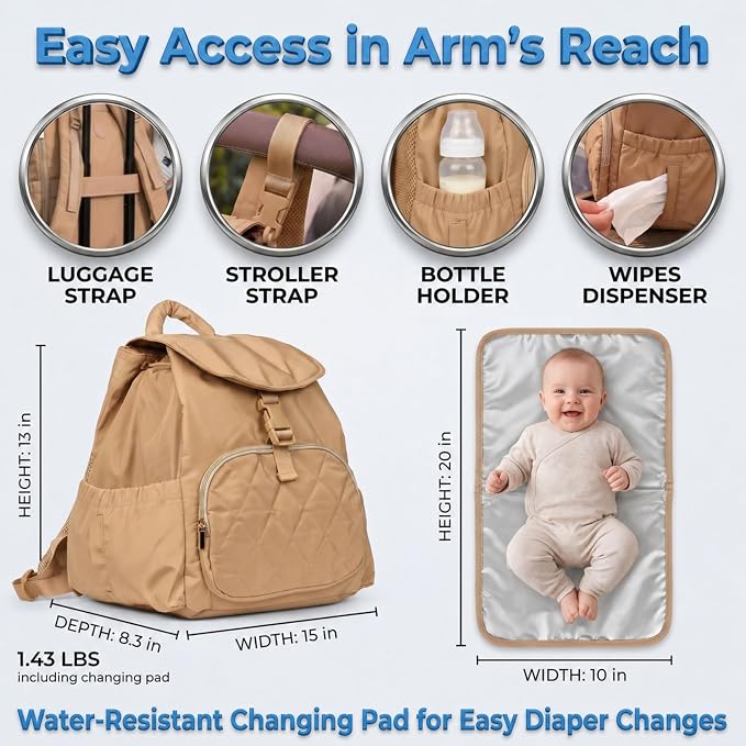 Diaper Bag Backpack for Mom & Dad - Large Baby Bag with Changing Pad & Stroller Straps - Laptop Pocket & Bottle Holder - Polyester, Water-Resistant & Travel Diaper Backpack - Soft Shell - Biege Color