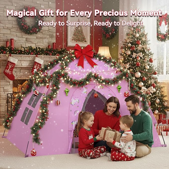AFUNX Unicorn Play Tent for Girls Ages 4??, Extra Large Kids Indoor Play Tent 70" L x 45" W x 43" H, Lavender Pink Foldable Tent with Rainbow & Unicorn Print, Easy Setup, Fits 2?? Kids