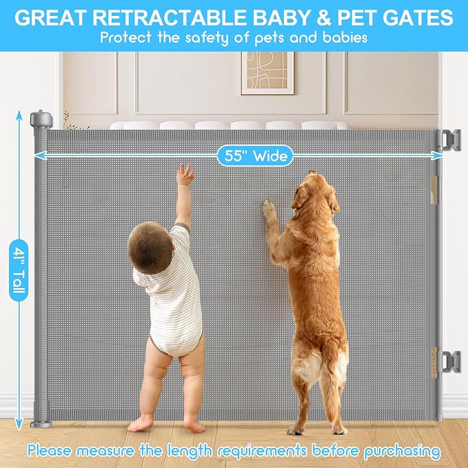 55 Inch Retractable Baby Gates Extra Wide, 41 Inch Reinforced Extra Tall Gate Mesh Safety Gate for Kids Pets, Retractable Dog Gate Baby Retractable Gate for Stair Hallway Doorway Indoor Outdoor, Gray