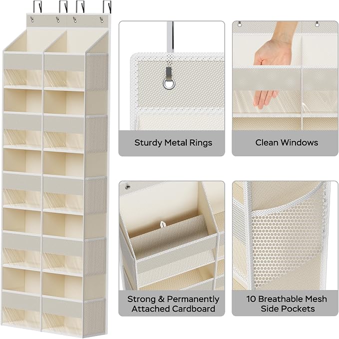 MAX Houser 5-Shelf Over The Door Hanging Organizer with 4 Metal Hooks，5 Pocket Over The Door Wall Mount Storage with Clear Windows for Bathroom Closet,Bedroom(Beige)