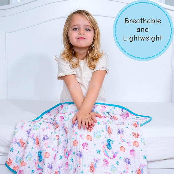 LollyBanks Muslin Baby Quilt, 6-Layer 100% Organic Cotton Baby Blanket for Girls, Soft and Breathable Toddler Quilt, Lightweight Infant Blanket for Crib or Stroller, Newborn Essentials (Mermaid Print)