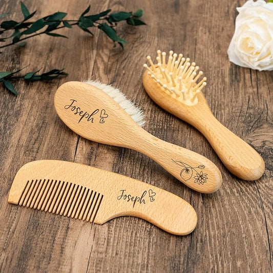 Personalized Baby Brush Set, Custom Wooden Baby Brushes For Newborns And Infants, Soft Bristles, Toddler Hair Care Kit, Cradle Cap Brush, Baby Shower Keepsake Gift For Girls And Boys