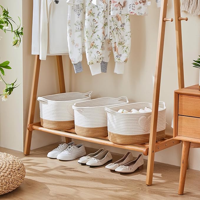 Woven Baskets, 3-Pack Storage Basket for Living Room, Bedroom, Nursery, Stylish Gift Basket with Handles, Cotton Rope Basket for Toys and Shelves, Multi-Purpose Organizer, Heart