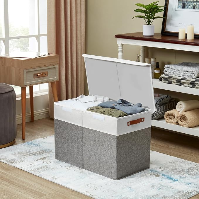 Bagnizer Large Toy Storage Box with Lids, Collapsible Sturdy Baby Storage Organizer Chest Bin Basket for Kids, Boys, Girls, Playroom, Nursery, Bedroom, Closet 25"x13"x16" (Gray and White)
