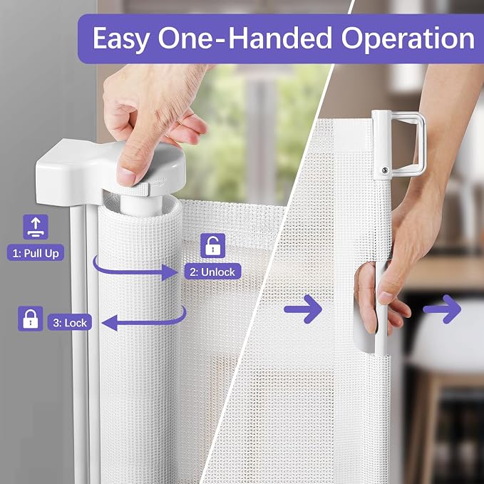 Reinforced 42" Tall Retractable Baby Gates 96" Wide Retractable Dog Gate with Support Rods-Prevent Crawling Under Long Baby Gate Extra Tall Dog Gate Indoor/Outdoor Retractable Gate, White
